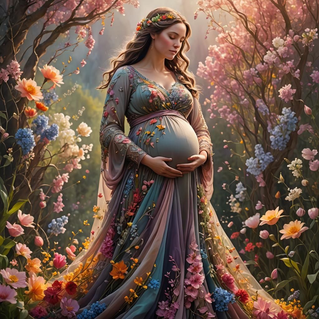 Pregnant Woman in Gown of Flowers: Fantasy Art