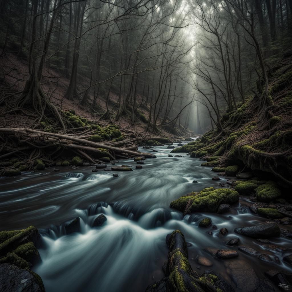 Mysterious River Through Forest by Greg Rutkowski