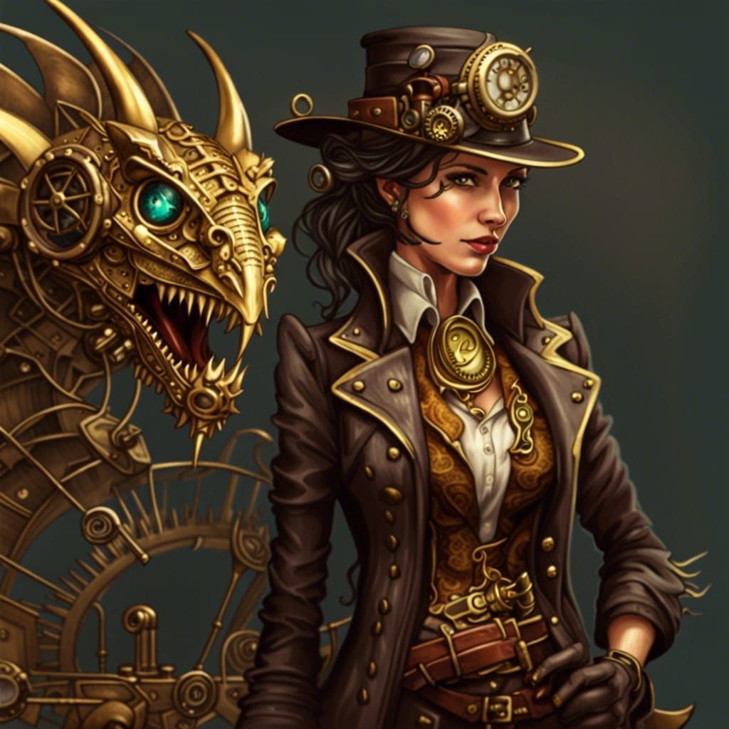 Dragon Detective with Gold Accents and Steampunk Engine