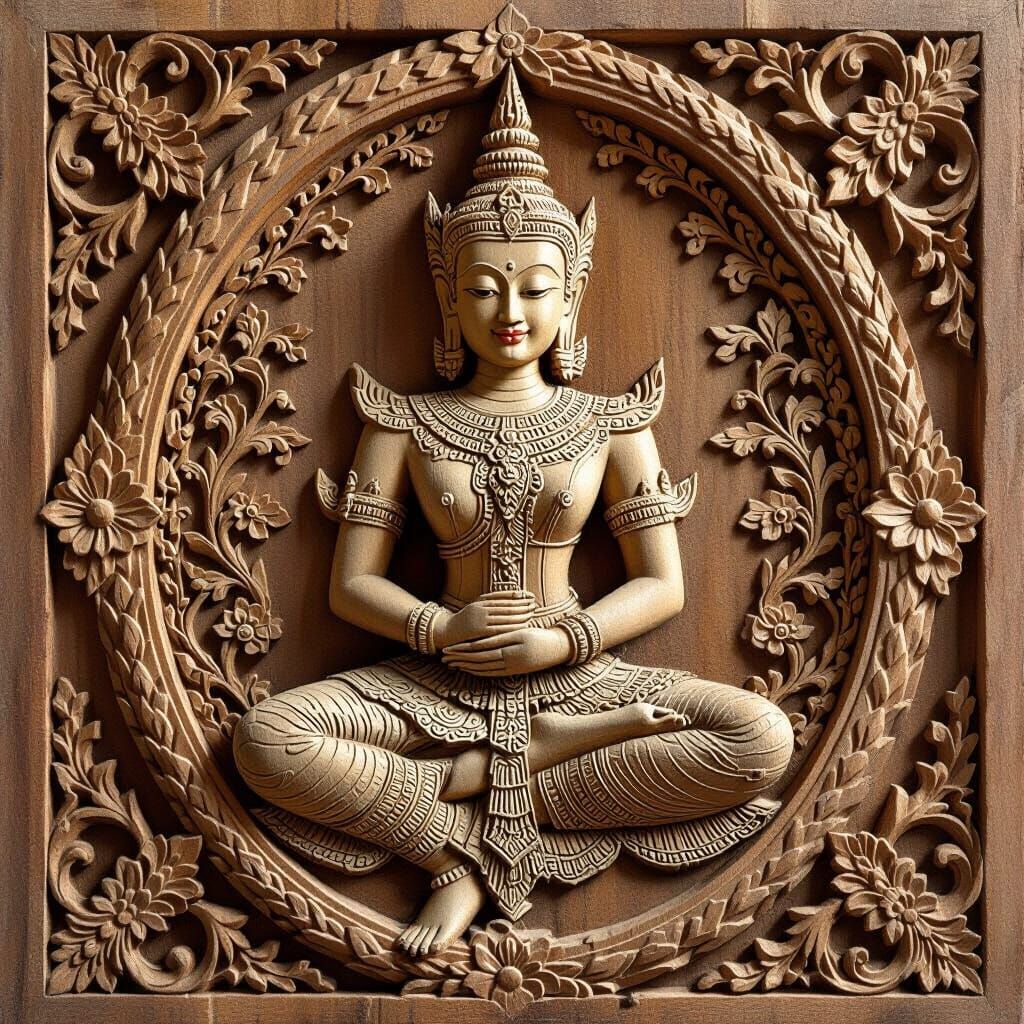 Detailed Wood Carving of Thai Deity Thao Wessuwan
