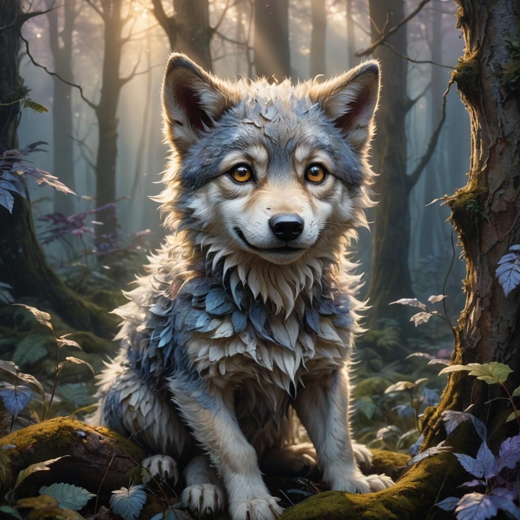 Adorable Baby Wolf in Misty Forest, Dreamy Concept Art