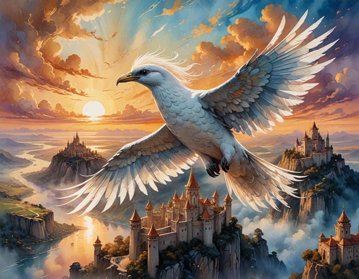 Ethereal White Bird soars above Majestic Kingdom