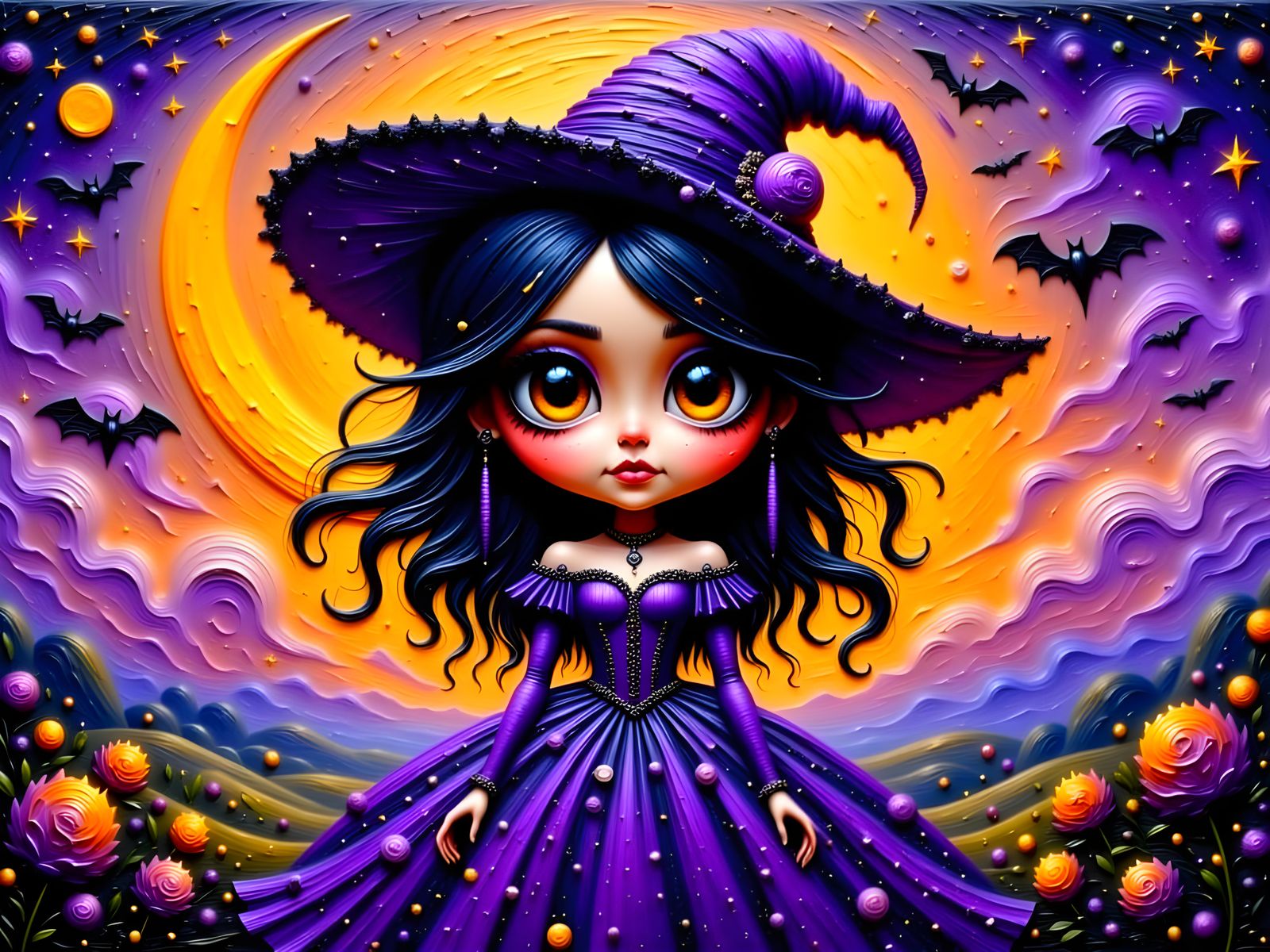 Chibi Witch Beneath Crescent Moon: Impasto Art