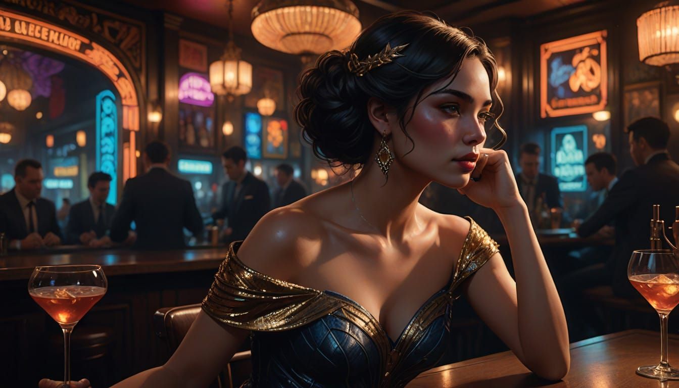 Elegant Woman at a Smoky Bar, Lost in Thought, Jazz Music in...