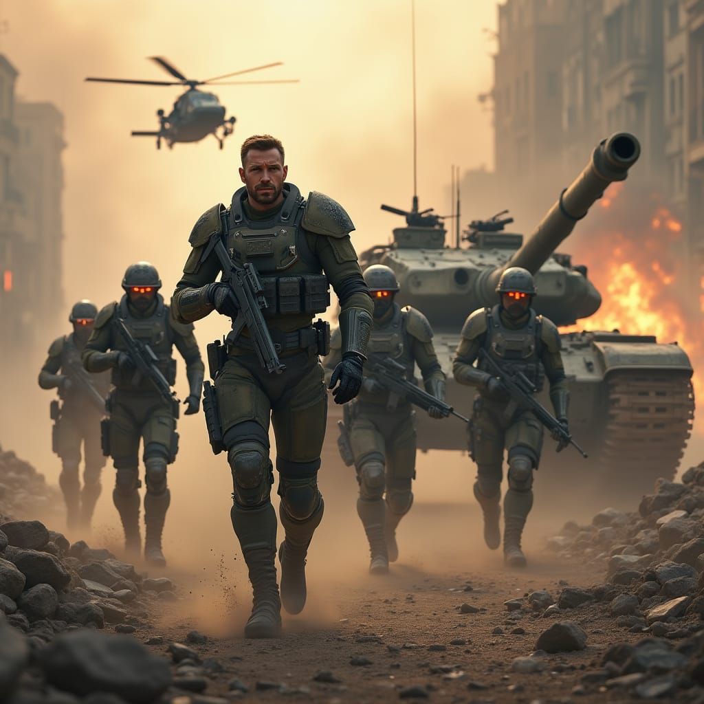 Future Battlefield at Dawn, Elite Forces Advance Through Rui...