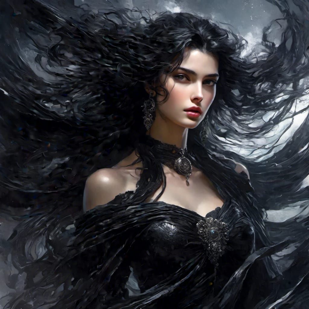 Elegant Dark-Haired Heroine in Gothic Fantasy Style