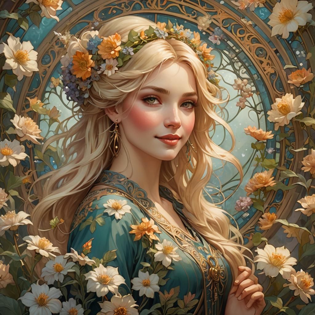 Blond Girl with Flowers in Art Nouveau Style