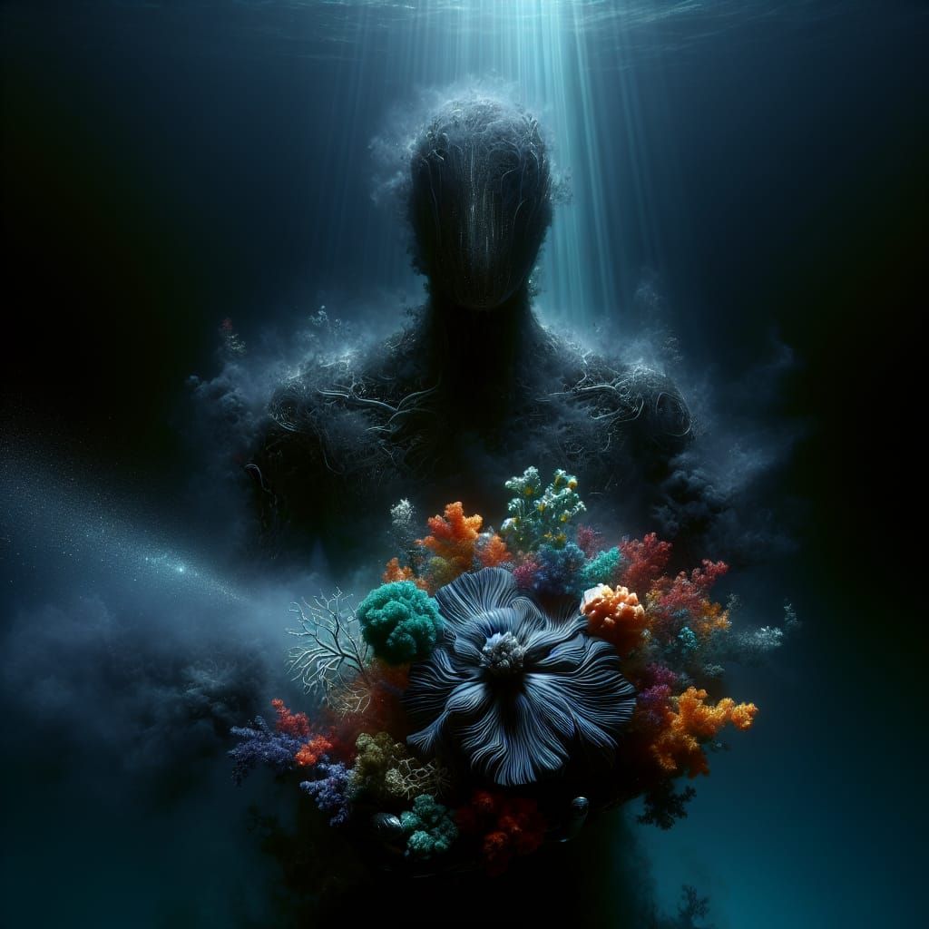 Nebulous Figure Offers Coral Bouquet in Murky Ocean