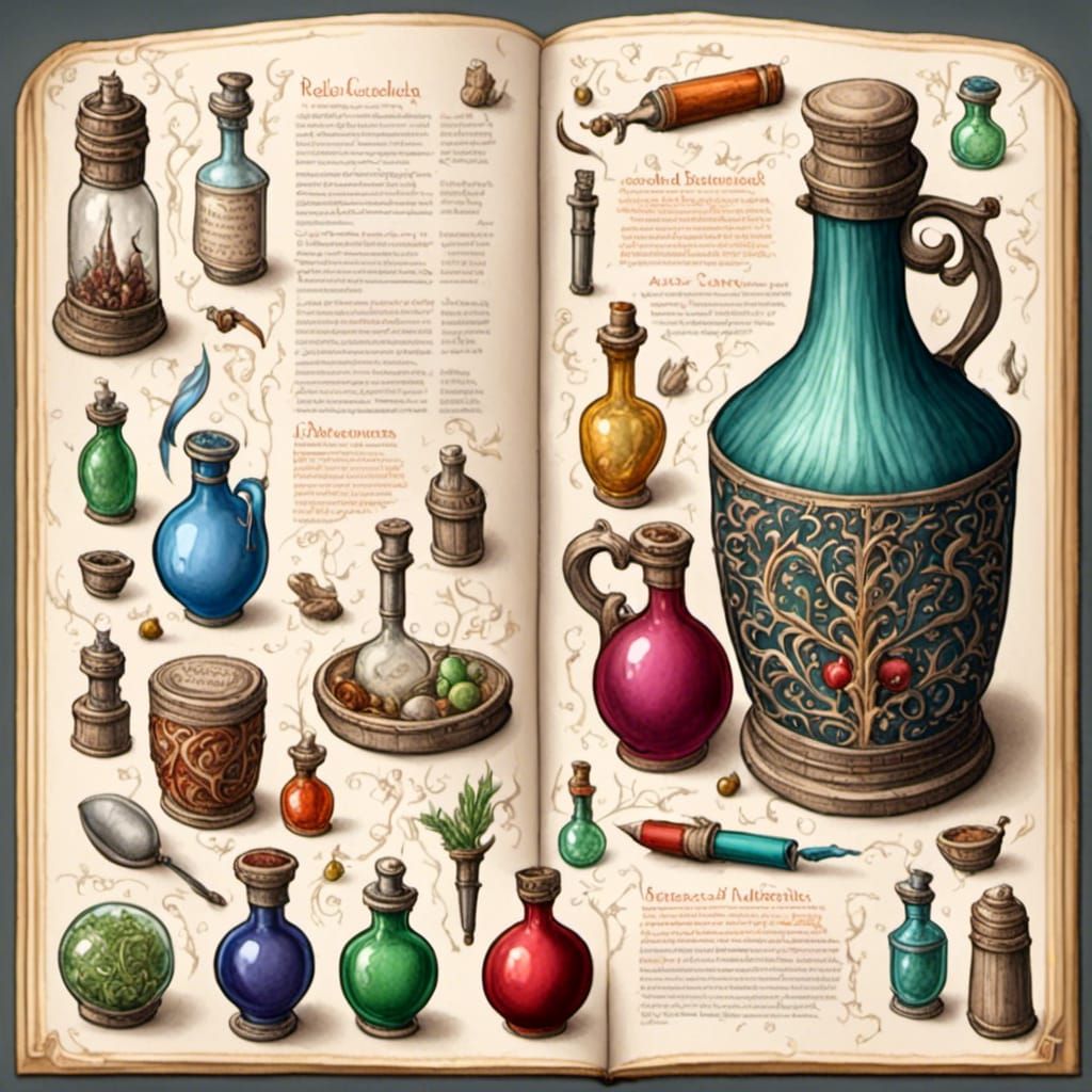 Intricate Hand-Drawn Potions Recipes in Colored Pencils