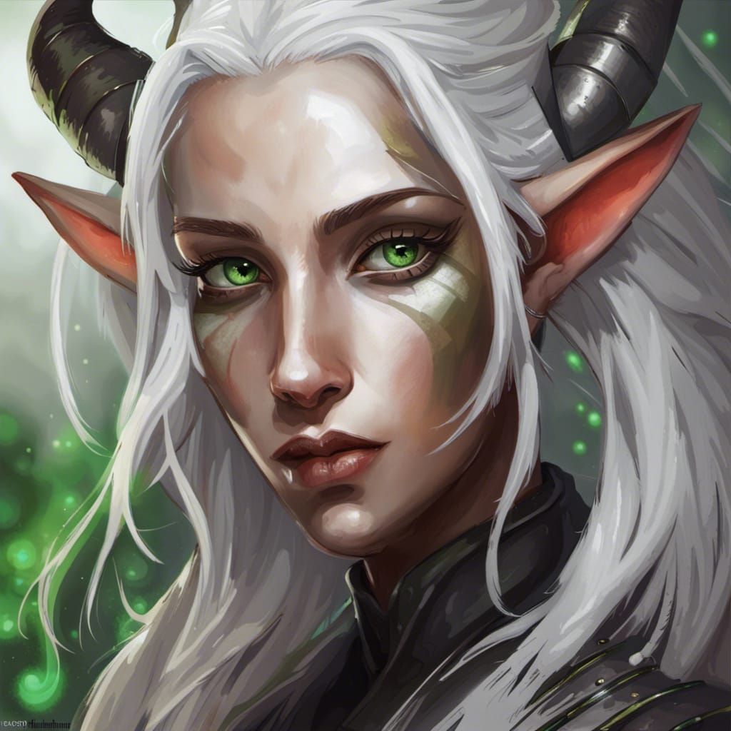 Tiefling Portrait: Silver Skin, White Hair, Green Eyes