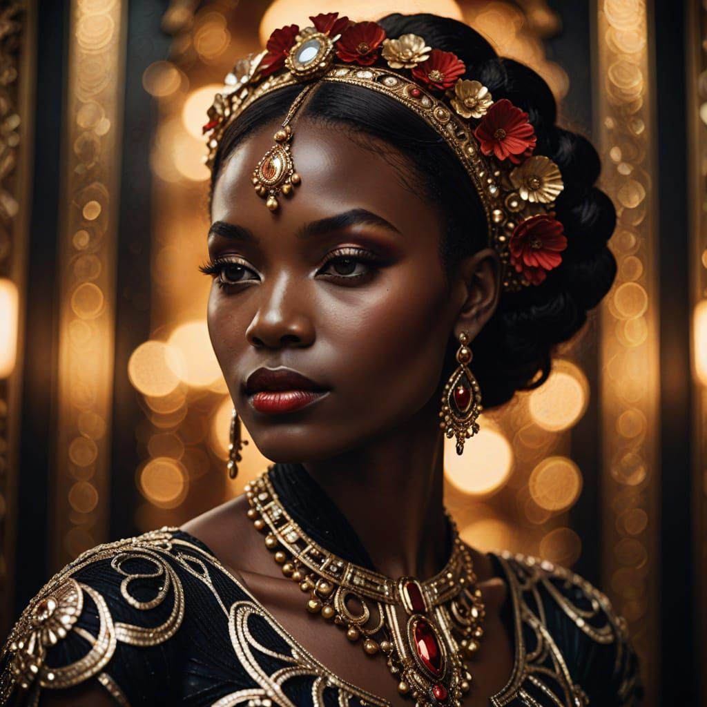 Elegant African Woman in Art Deco Style with Magical Iridesc...