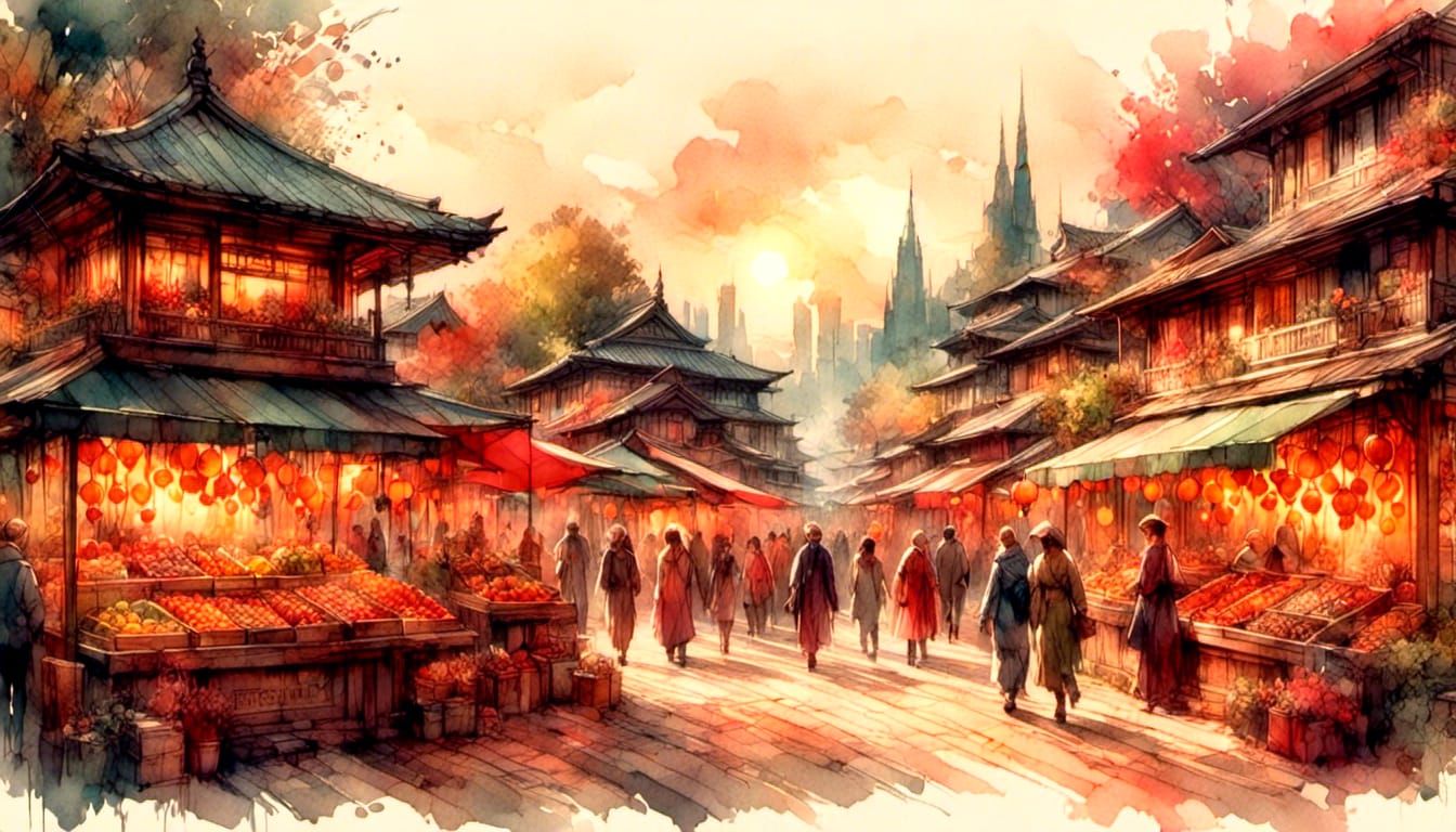 Japanese Street Scene in Watercolor Style