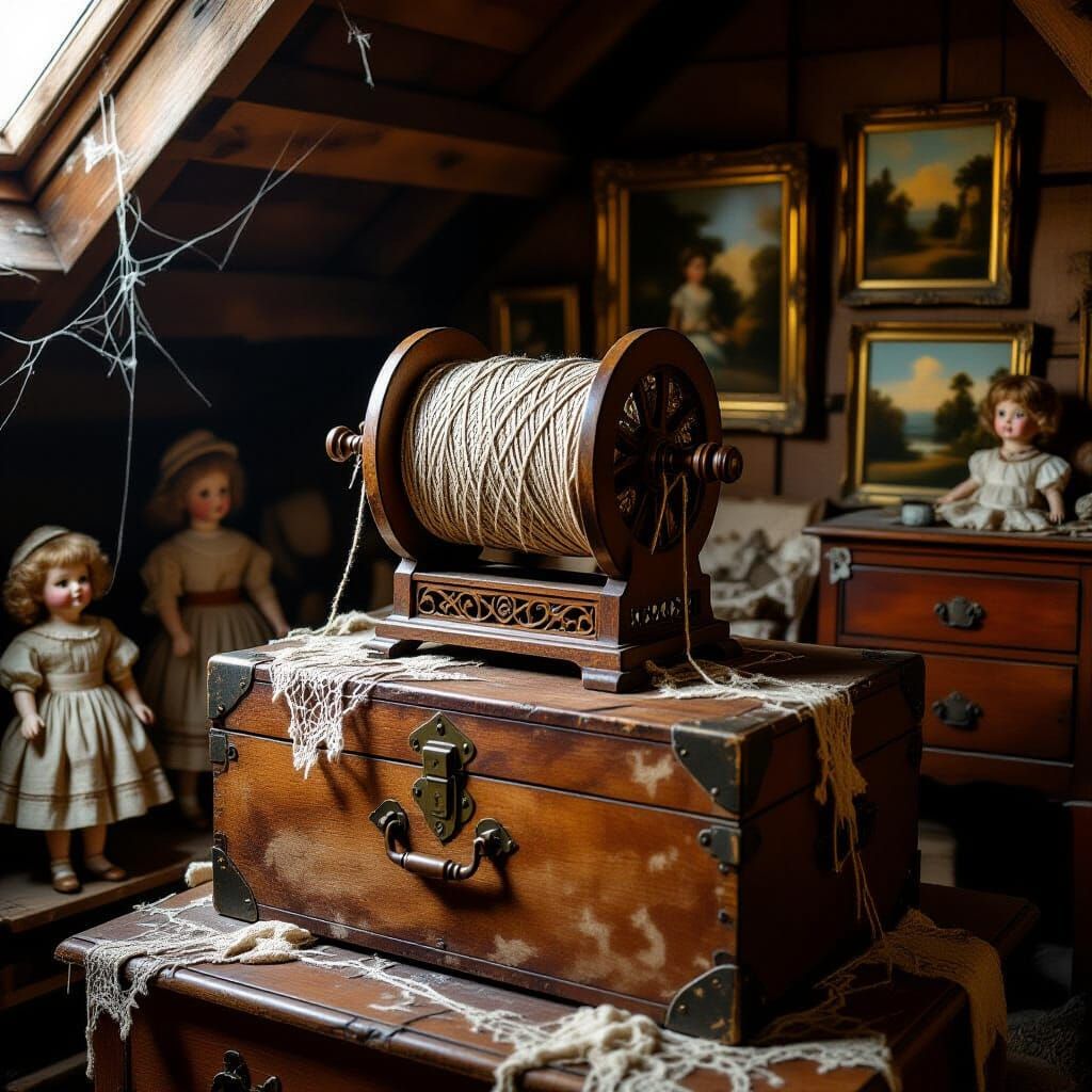 Nostalgic Yarn Winder in Golden Oil Painting Style