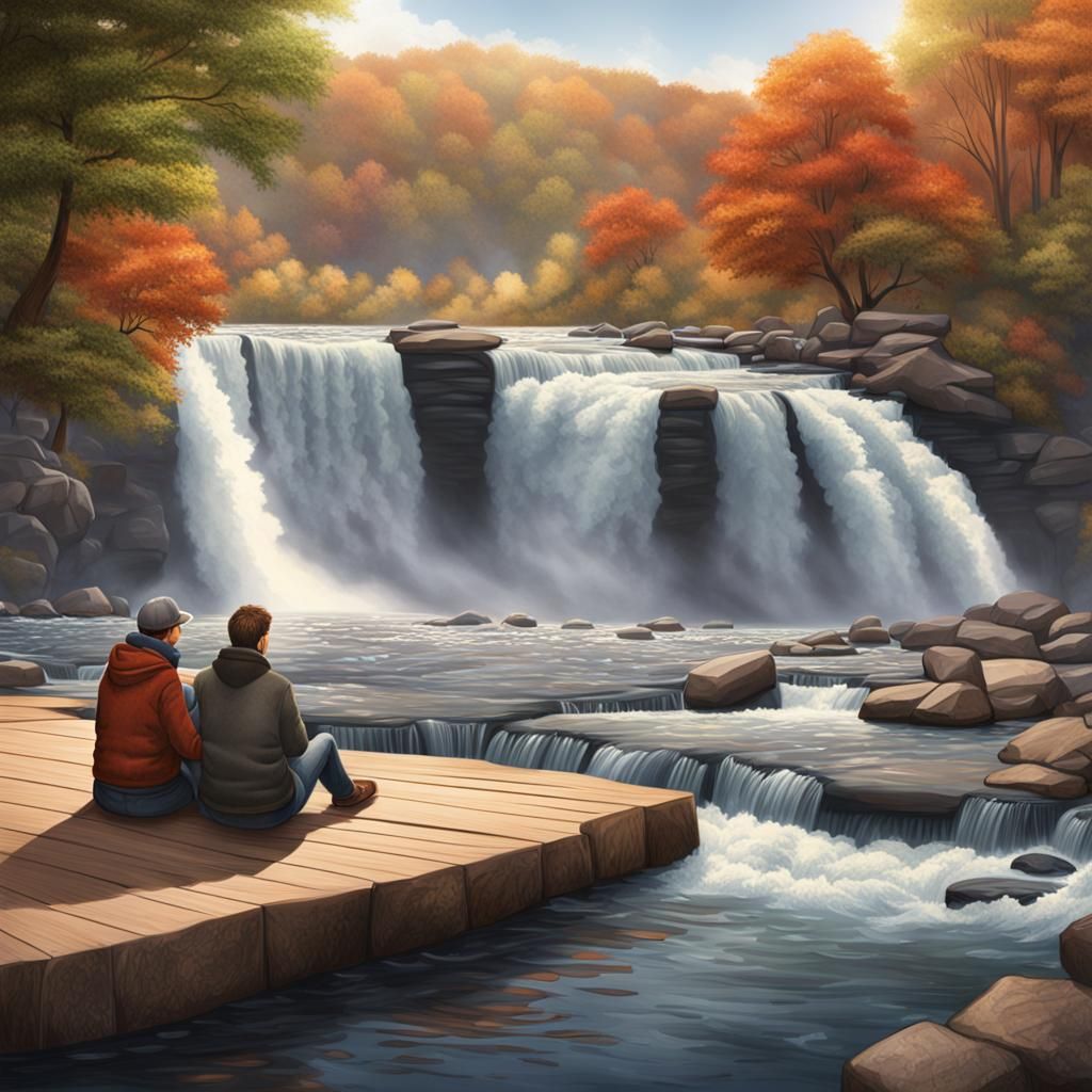 Cozy Couple Enjoying Waterfall View: Photorealistic Renderin...