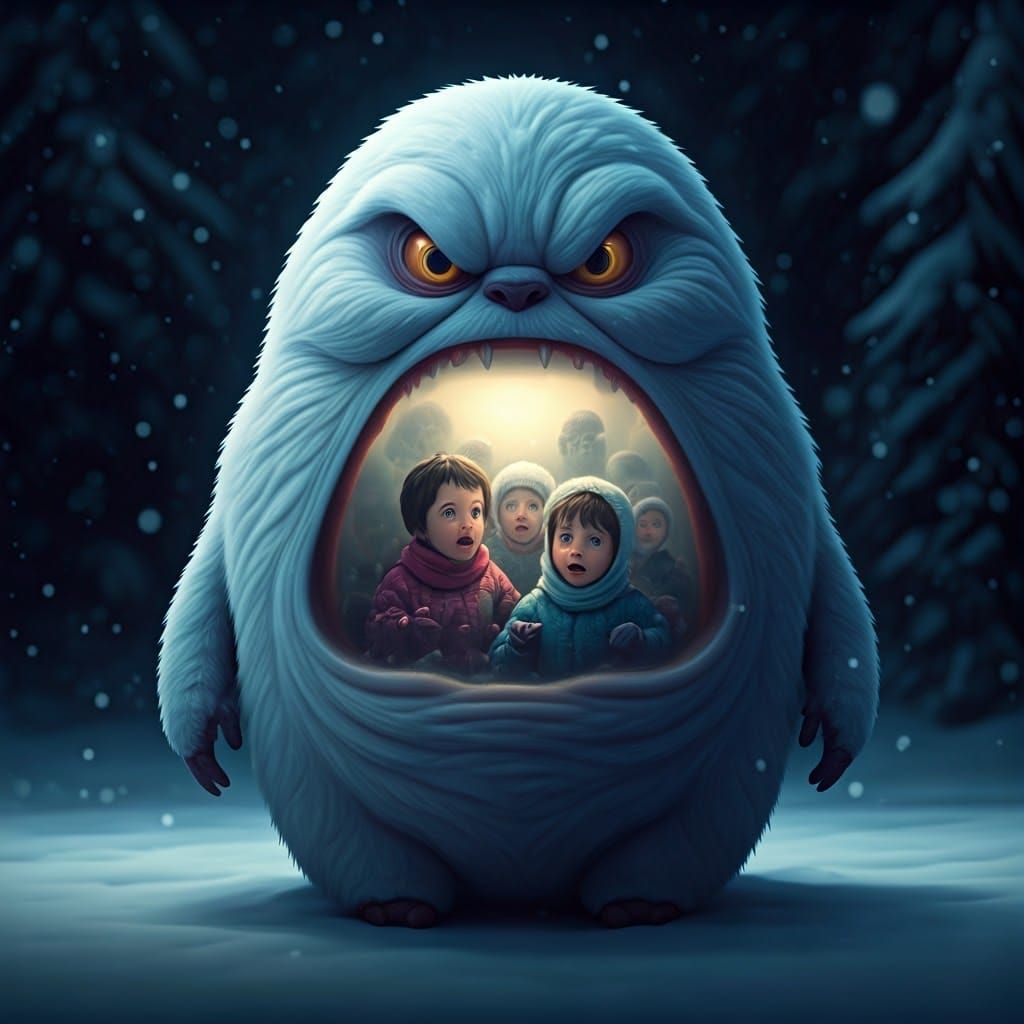 Surreal Snowman Confronts Frozen Terrified Children in Dark....
