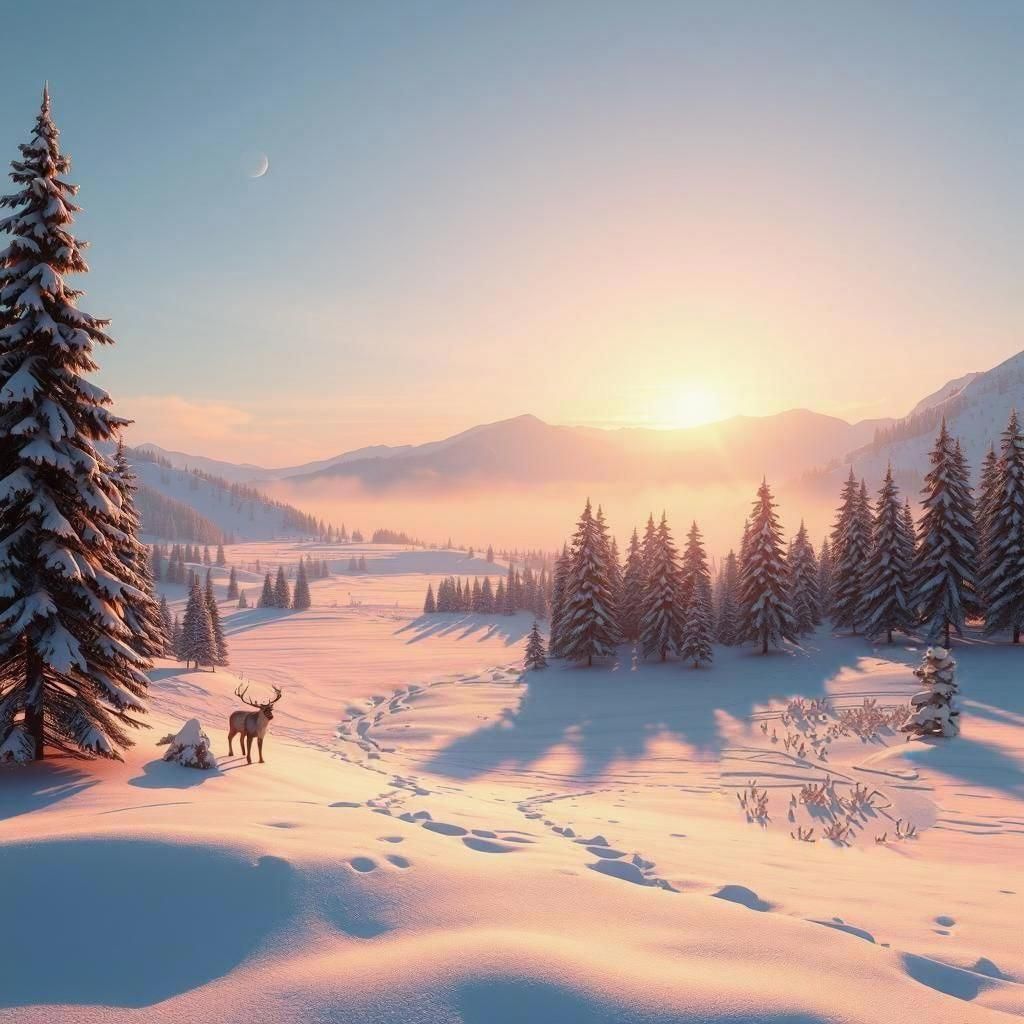 Winter Valley with Reindeer: Pixar-Style 3D Rendering