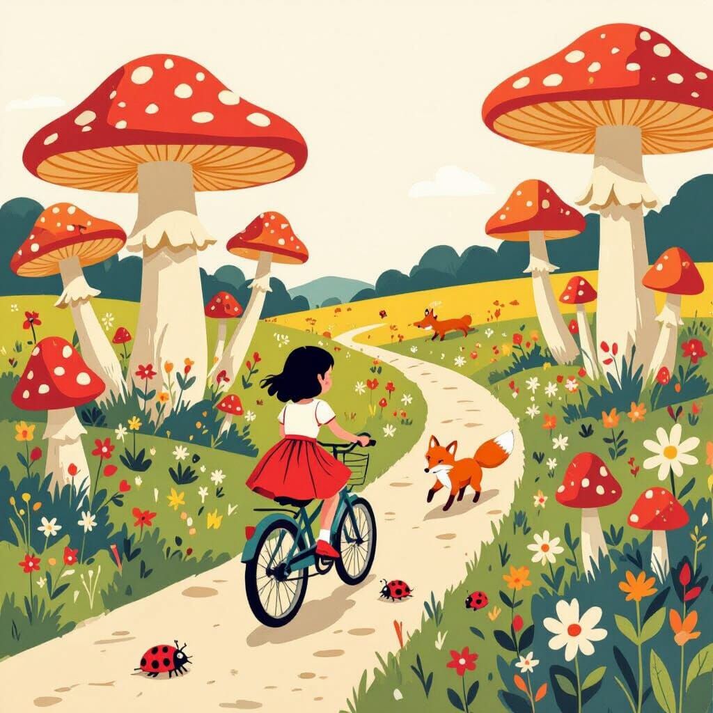 Girl on Bicycle with Fox Amidst Giant Mushrooms