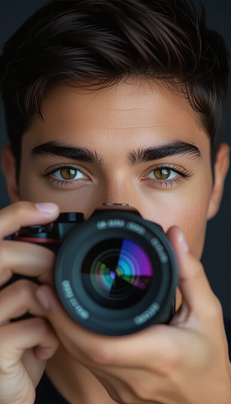 Photorealistic Portrait: Person Focuses Camera Lens