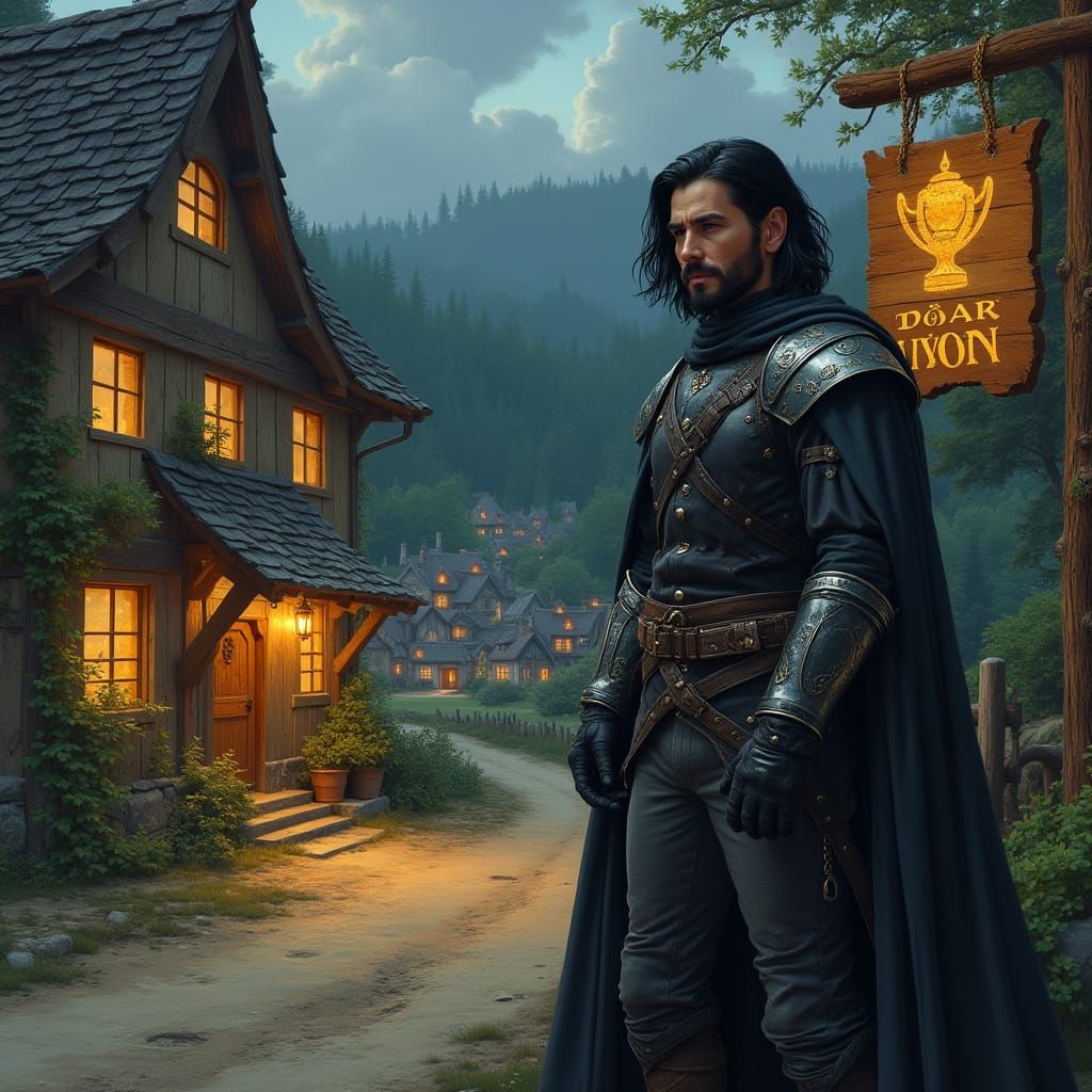 Mid-Length Warrior Stands Proud in Front of Rustic Inn at Du...