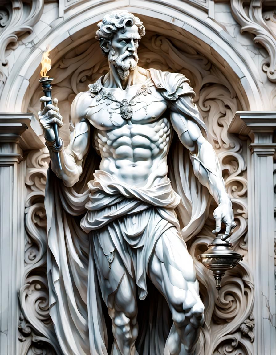 Marble Man with Torch in Art Nouveau Style