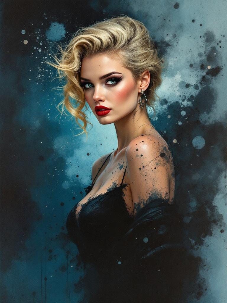 1950s Pin-Up in Watercolor and Ink Splatter Style