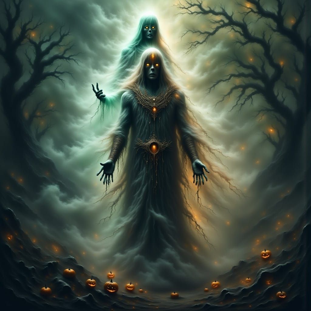 Stoic Warrior Adorns Ghostly Figure in High-Fantasy Environm...