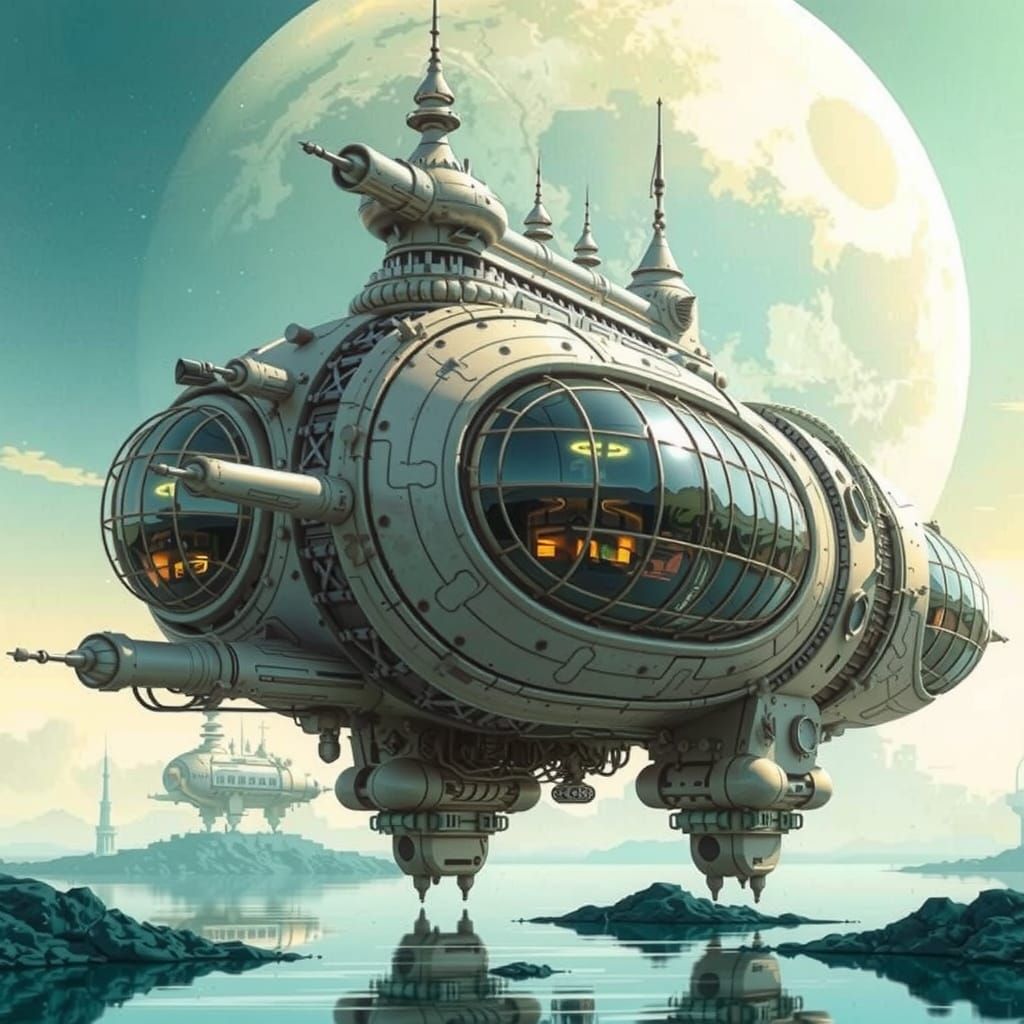 Futuristic Spaceship Soars Above Tranquil Water in Dreamlike...