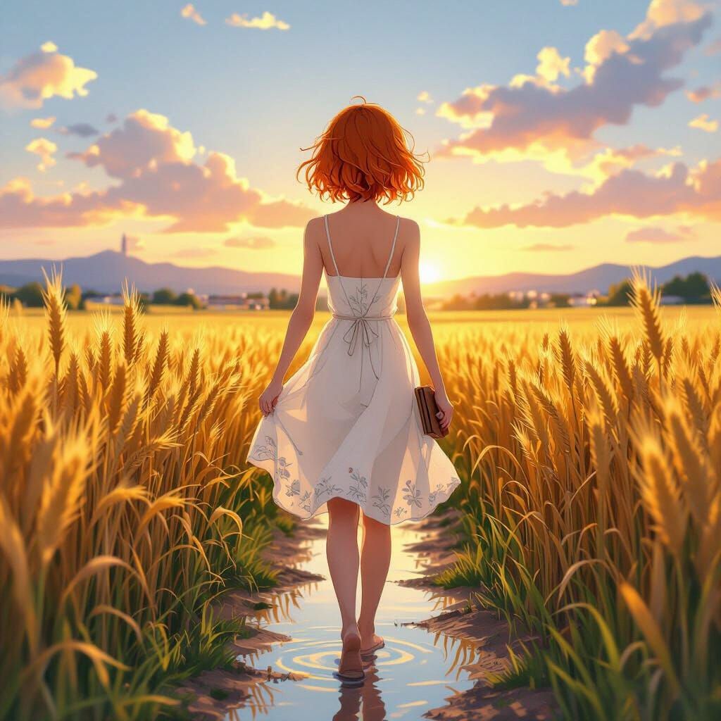 Anime Girl Walks Through Golden Wheat Fields at Sunset