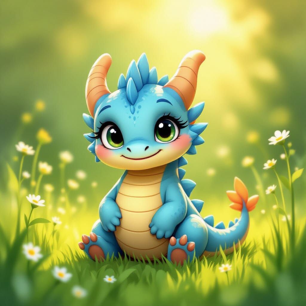 Whimsical Baby Blue Dragon in Golden Meadow