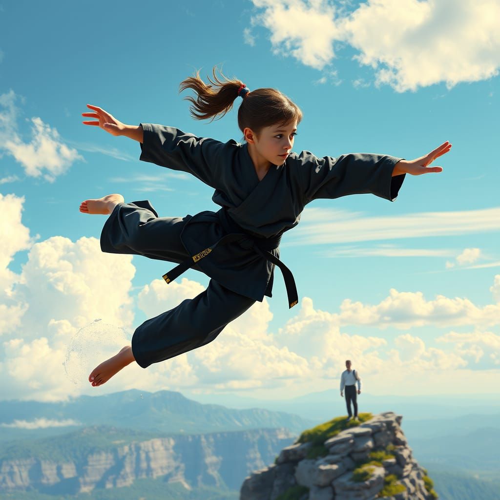Girl Soaring Through Sky Doing Karate, Stylized Art