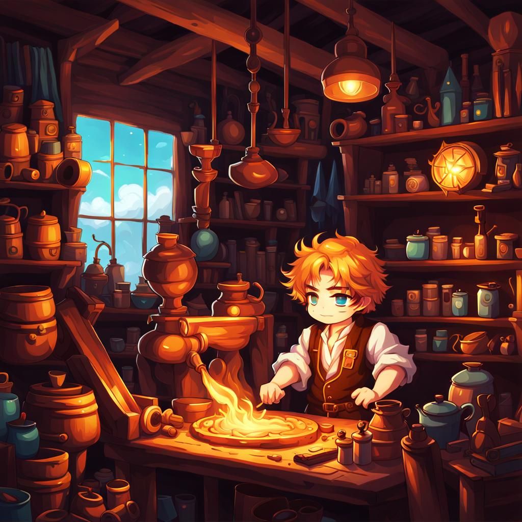 Hephaestus's Chibi Workshop: Deep Colors and Anime Style