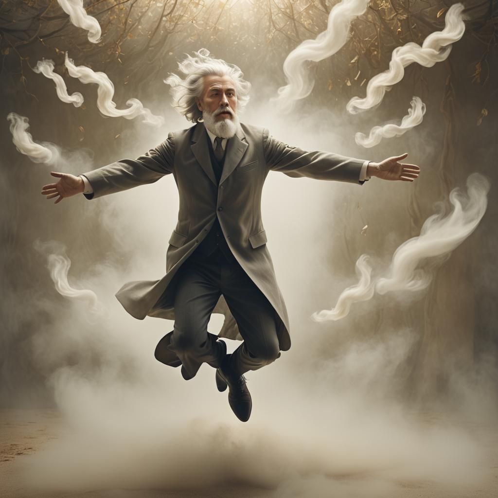 Levitating White-Bearded Man in Surrealist Style