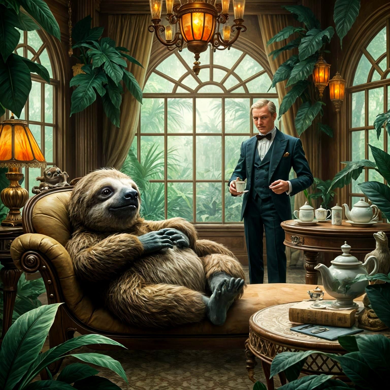 Whimsical Jungle Butler Serves Tea to a Lazy Sloth