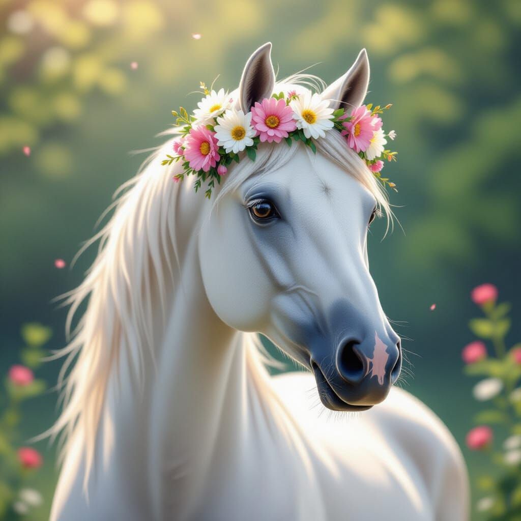 White Horse with Flower Crown in Anime Style