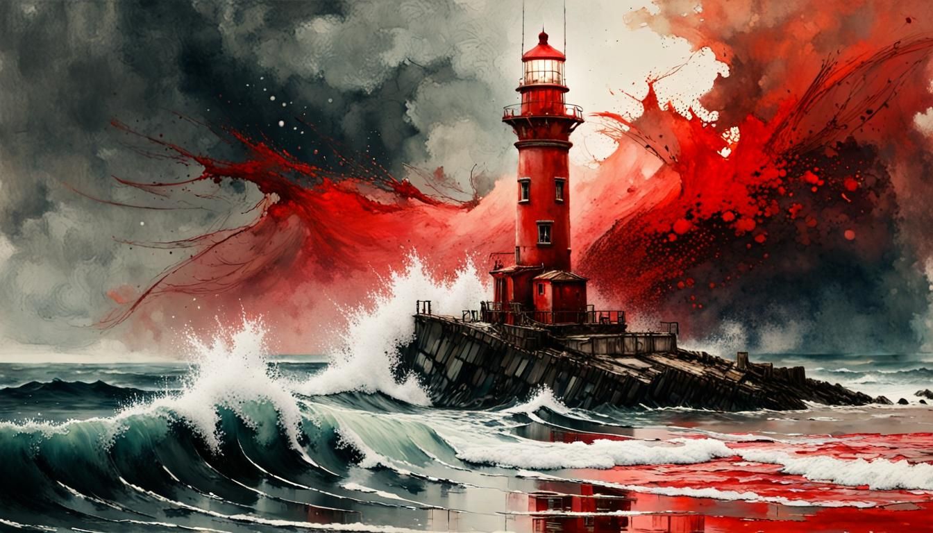 Lighthouse in Blood Red Ocean, Watercolor Painting