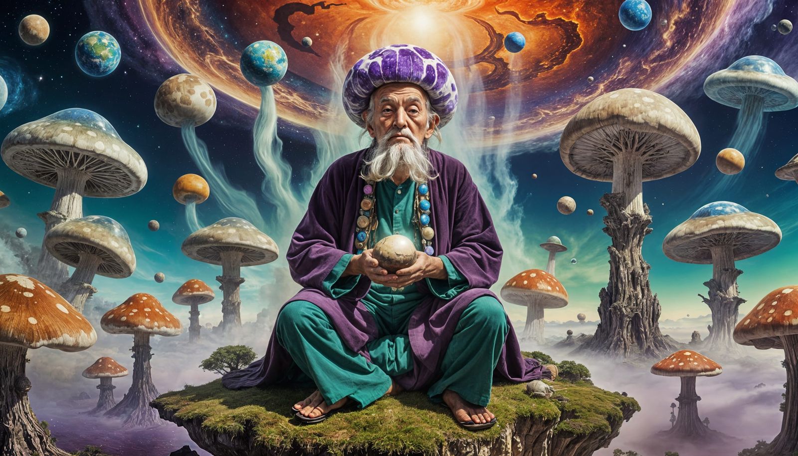 Mushroom-Headed Guru Levitates Planets with Mystical Aura