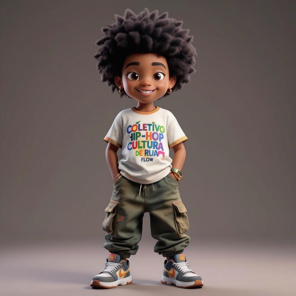 3D Cartoon of a Black Child in Streetwear with Hip-Hop Logo