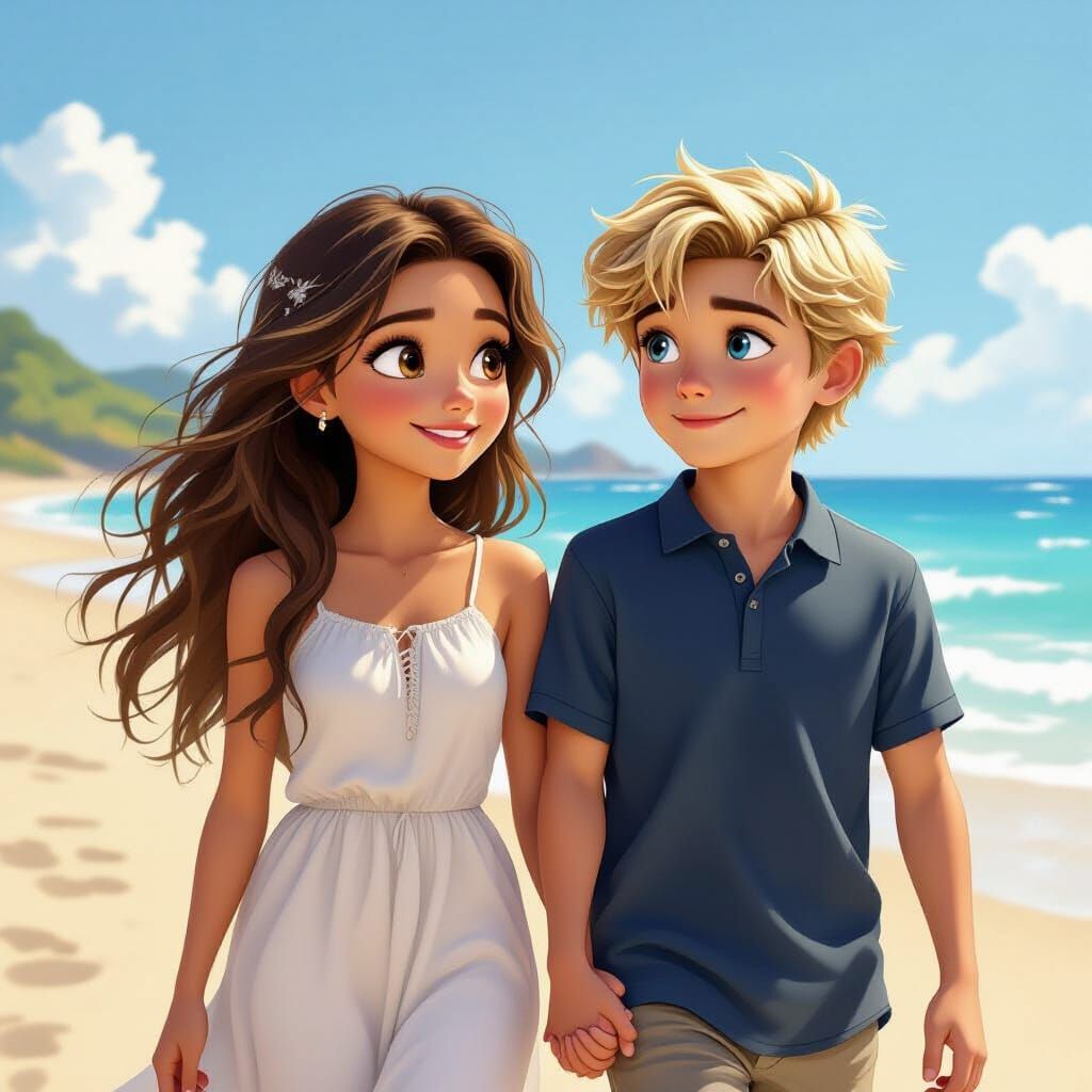 Children Walking Hand-in-Hand on a Sunny Beach