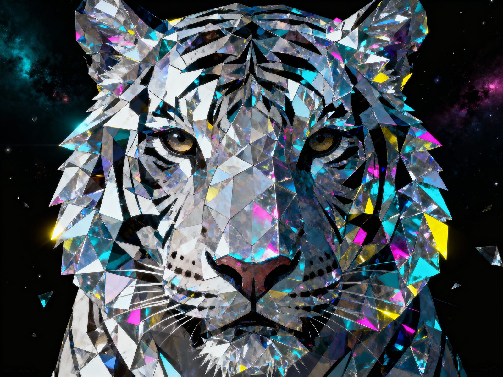 Geometric Tiger Face of Crystalline Shards, Digital Matte Pa...