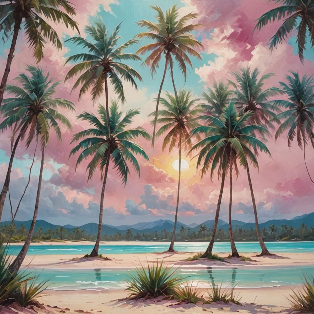 Pink Sand Beach with Palms in Oil Painting Style