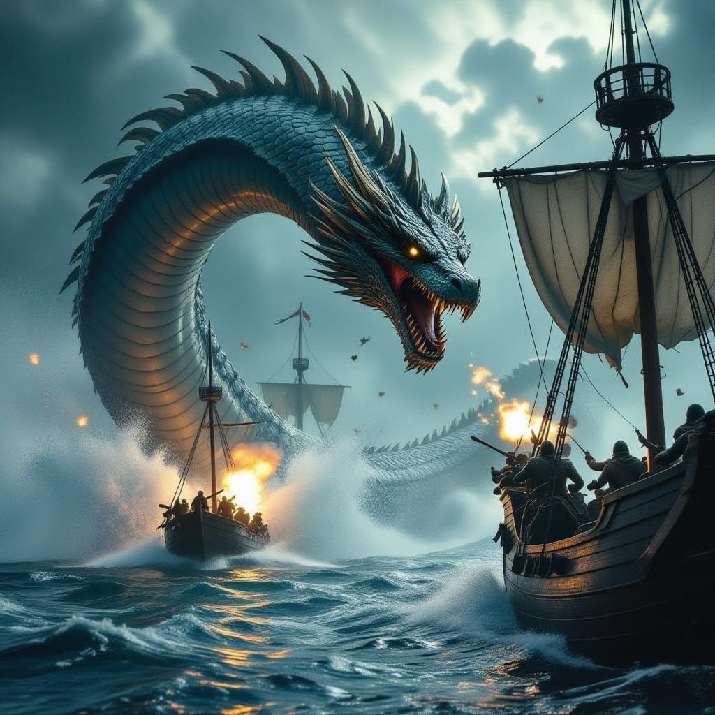 Serpentine Sea Monster Attacks Medieval Ship