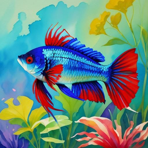 Betta Fish in Gouache Watercolor Impressionist Style