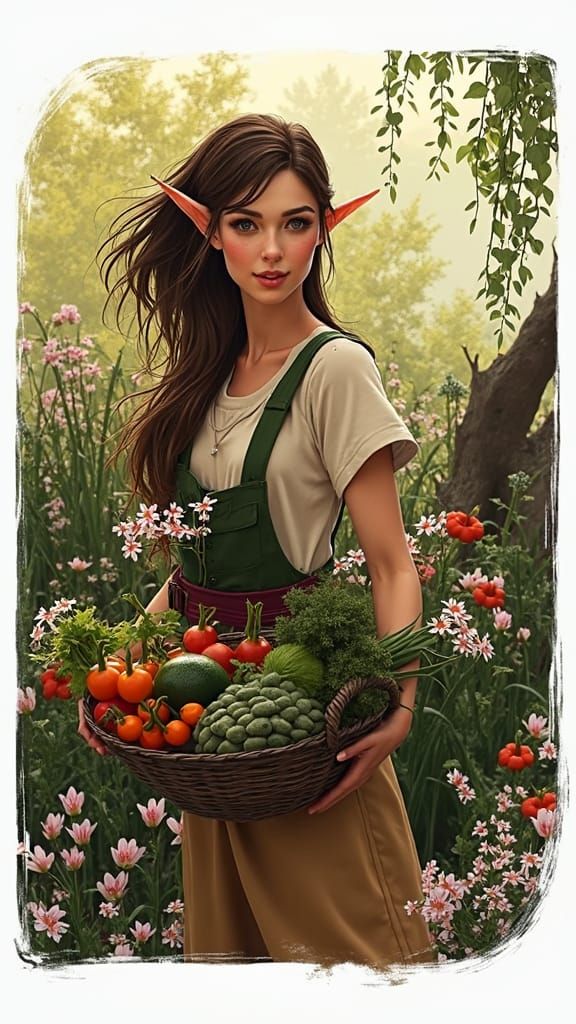 Elf Farmer in Sunlit Garden: Anime Concept Art