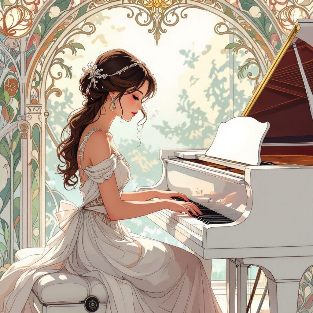 Elegant Girl Plays White Grand Piano in Art Nouveau Style