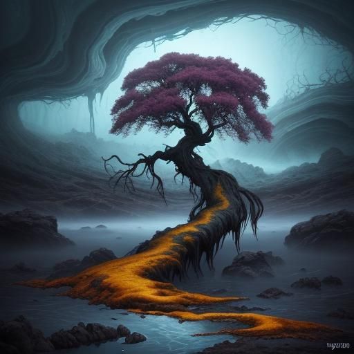 Surreal Dreamscape with Distorted Trees in Vibrant Colors