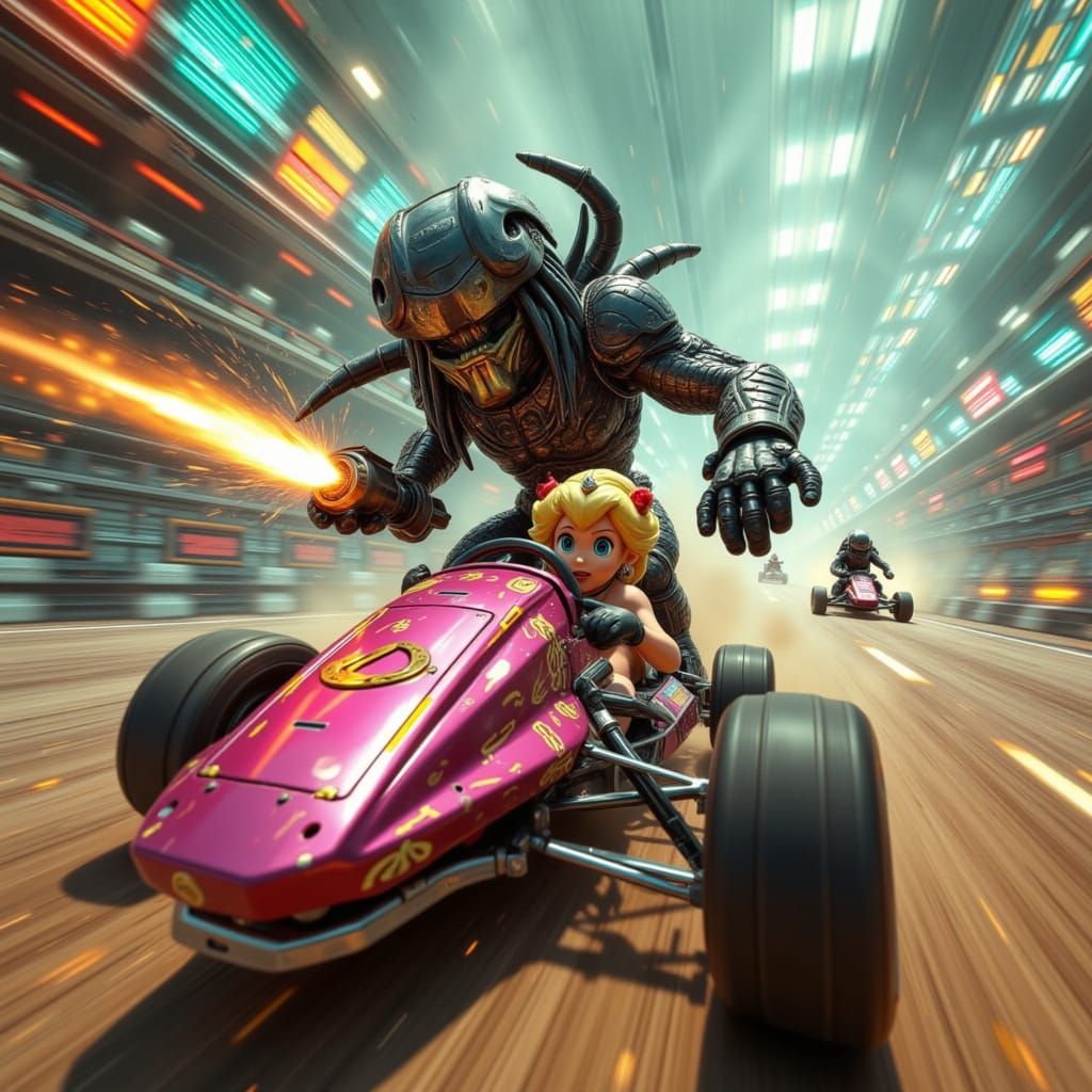 Predator racing Princess Peach in Mario Kart.<lora:-PredaToon-:1.0><lora:Lunacy:1.0>