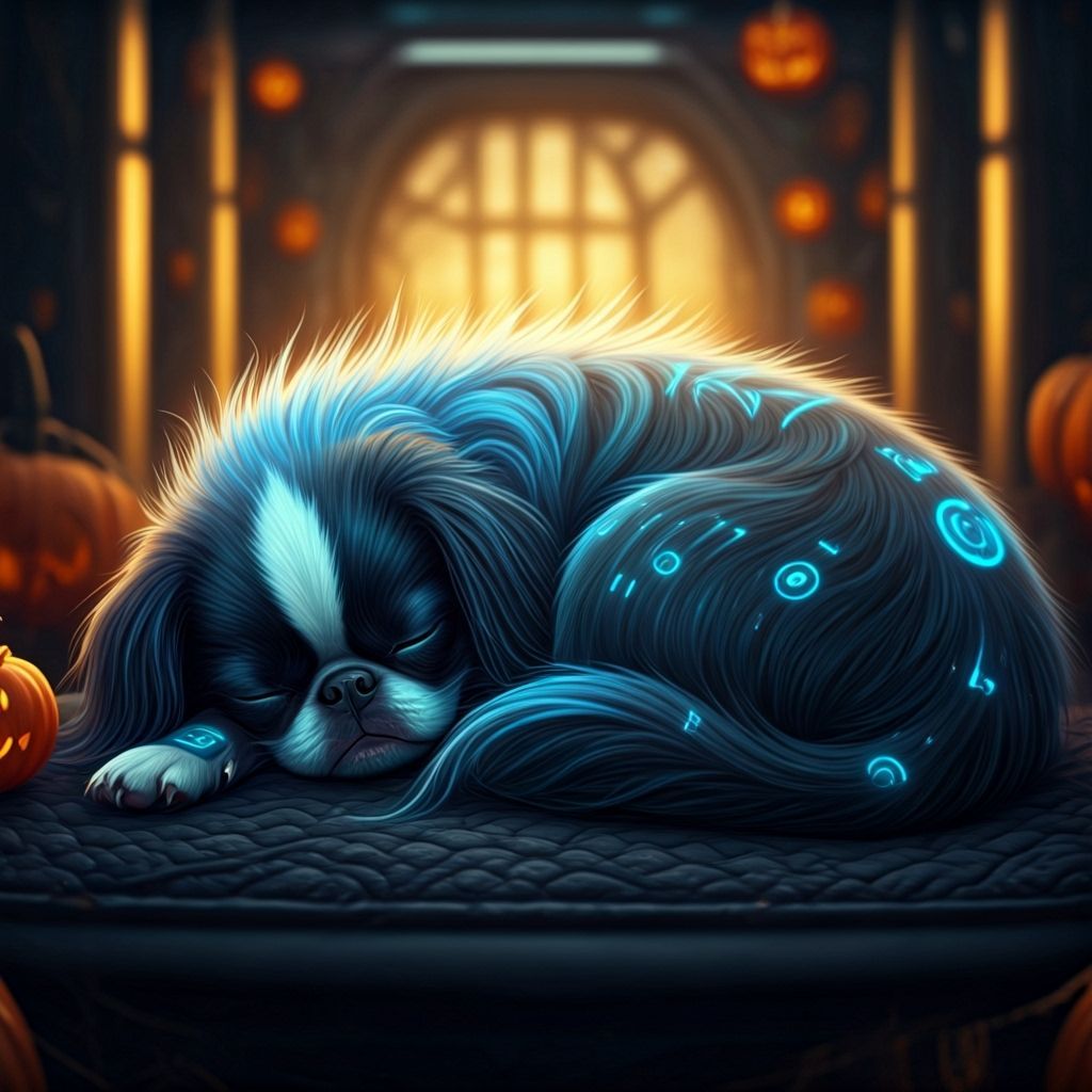 Cyberpunk Japanese Chin Dog Sleeping in Futuristic Halloween...