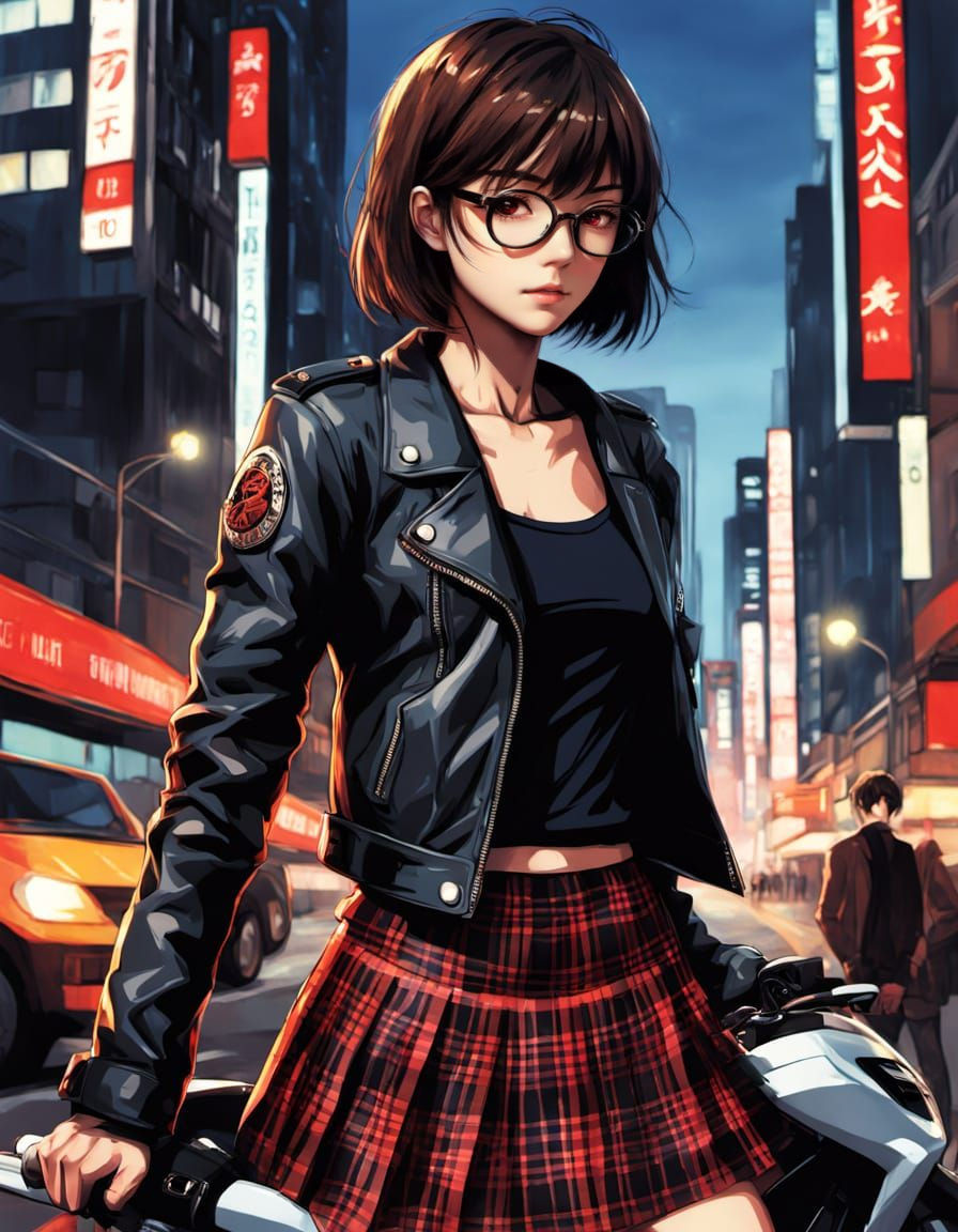 Anime Portrait: Serious Girl with Motorbike in City