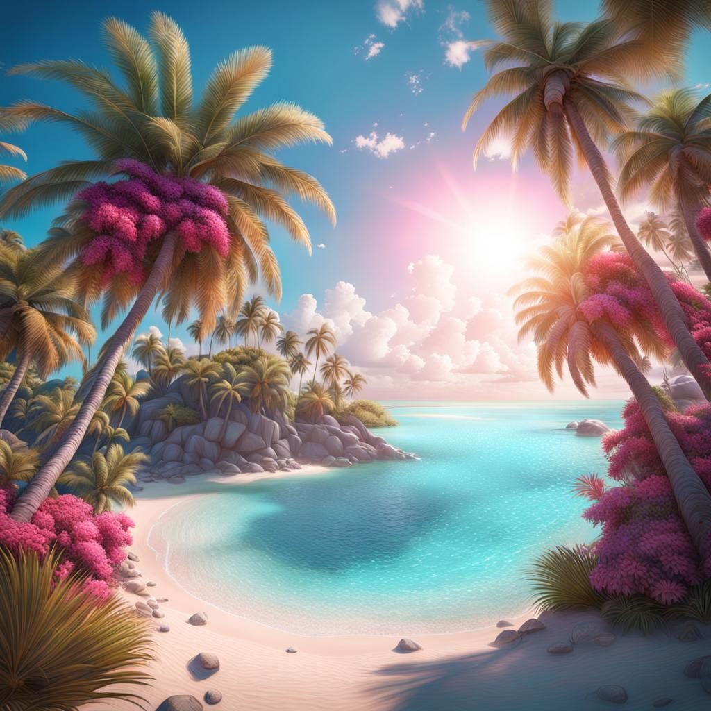 Tropical Beach with Pink Palm Trees in Fantasy Art