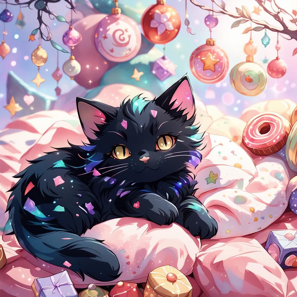 Adorable Anime Black Cat with Sweets Ornament